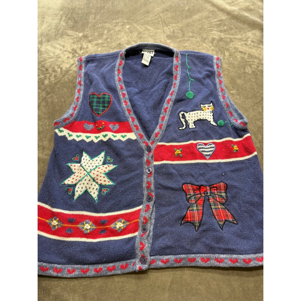 Koret City Blues Blue Button Front Knit Vest Women's‎ M Cat Patchwork Novelty